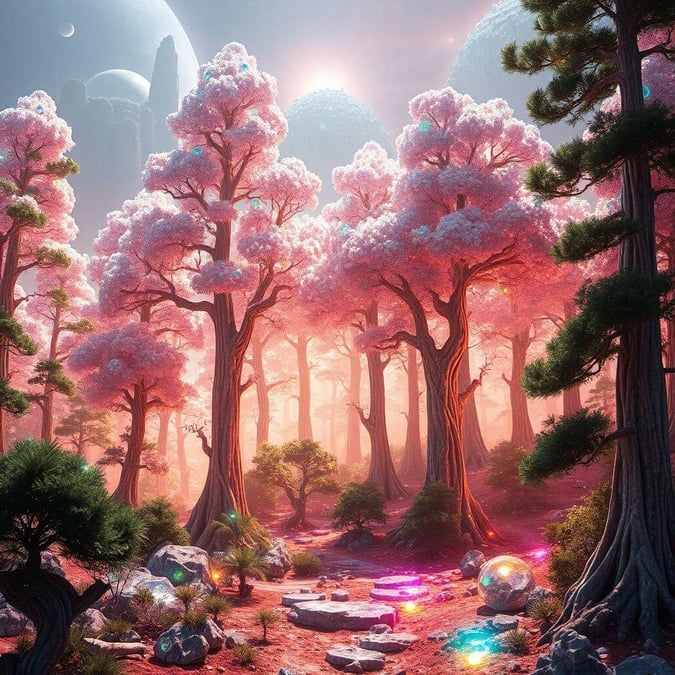 This stunning sci-fi landscape wallpaper transports you to a distant world, where towering trees with pink leaves stretch towards the sky, and glowing orbs add a touch of magic to the scene.