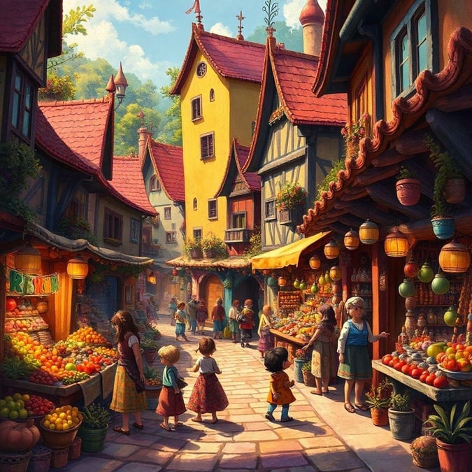 This 3D art wallpaper showcases a bustling village market scene, perfect for desktop and mobile use.