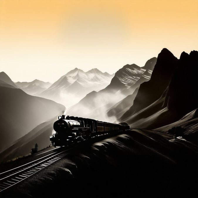 This stunning black and white wallpaper features a train chugging along a track in the mountains, creating a serene and peaceful atmosphere.