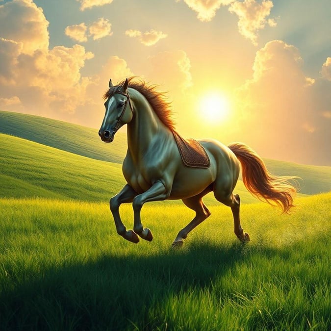 A beautiful horse running through a green field, with the sun shining down on it.