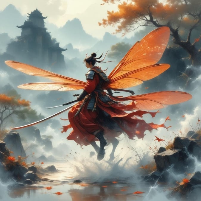 Experience the thrill of a young samurai riding a majestic dragonfly through a misty Japanese garden, captured in a vibrant and detailed anime illustration.