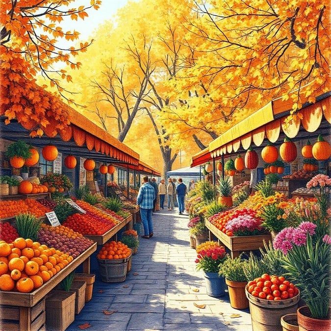 A bustling market scene set amidst the beauty of fall foliage, with a path leading to vibrant stalls brimming with fresh produce.