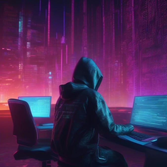 A hacker sitting in front of a computer, surrounded by screens and wires, with a determined look on their face.