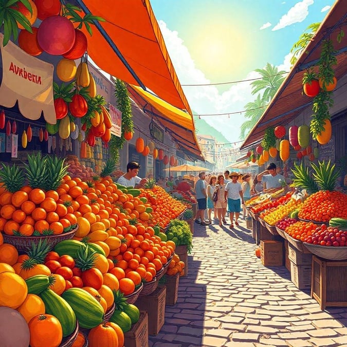 Step into a vibrant marketplace filled with an array of fresh fruits and vegetables.