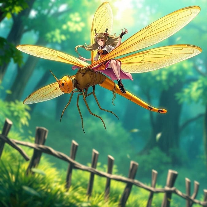 A stunning anime illustration of a kunoichi ninja riding a giant dragonfly in a vibrant green forest with a wooden fence.