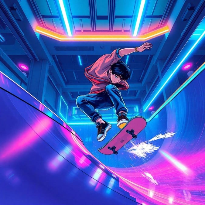 A young skateboarder pushes their limits in an intense ride through a neon-lit futuristic setting. The vibrant energy reflects the thrill and passion for extreme sports.