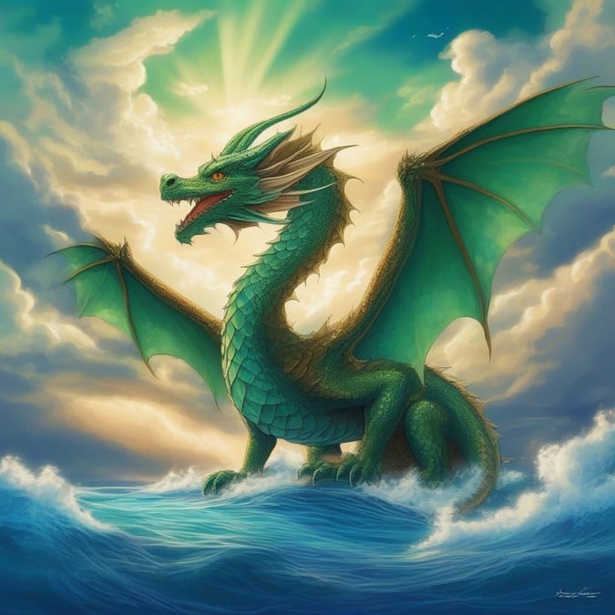 Émergez des eaux bleues profondes de l'océan dans un ciel mystique de nuages. Cette image anime sereine capture la tranquillité d'un dragon, son corps étant un mélange vibrant de teintes vertes et brunes. Le fond d'écran parfait pour tout bureau ou appareil mobile dans la catégorie 'Anime'.