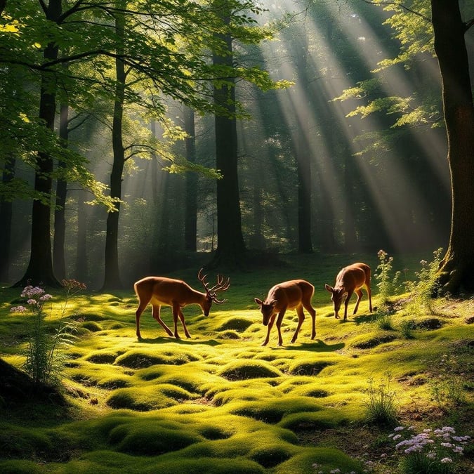 A tranquil morning scene in a mist-shrouded forest, where two elegant deer stroll on a soft carpet of moss.