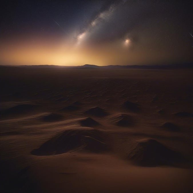 Immerse yourself in the tranquility of Mars at dusk with this breathtaking view. The soft hues of the setting sun cast a warm glow over the barren landscape, accentuating the texture and undulation of the sand dunes. The clear night sky above reveals celestial bodies like stars and planets in sharp contrast to their surroundings, adding an element of wonder and exploration. This stunning wallpaper captures the otherworldly beauty and mystery of our planetary neighbor.