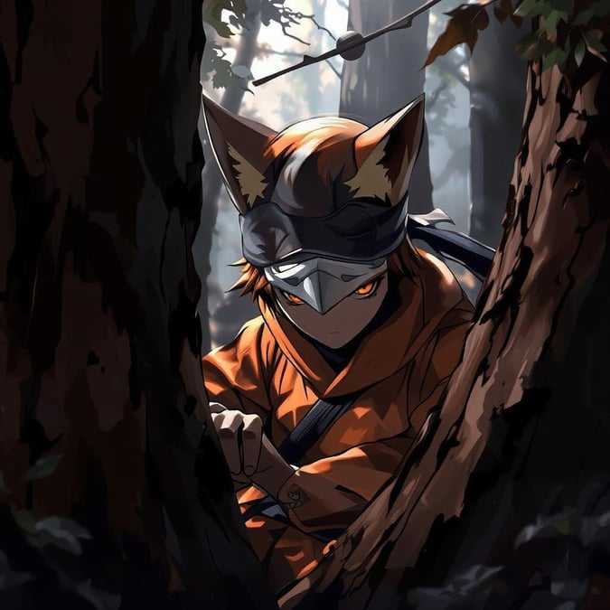 Um papel de parede de anime encantador apresentando um jovem ninja navegando por uma floresta sombria. O contraste entre a pelagem laranja e amarela do personagem e a casca escura das árvores cria uma cena cativante que é ao mesmo tempo misteriosa e vibrante.