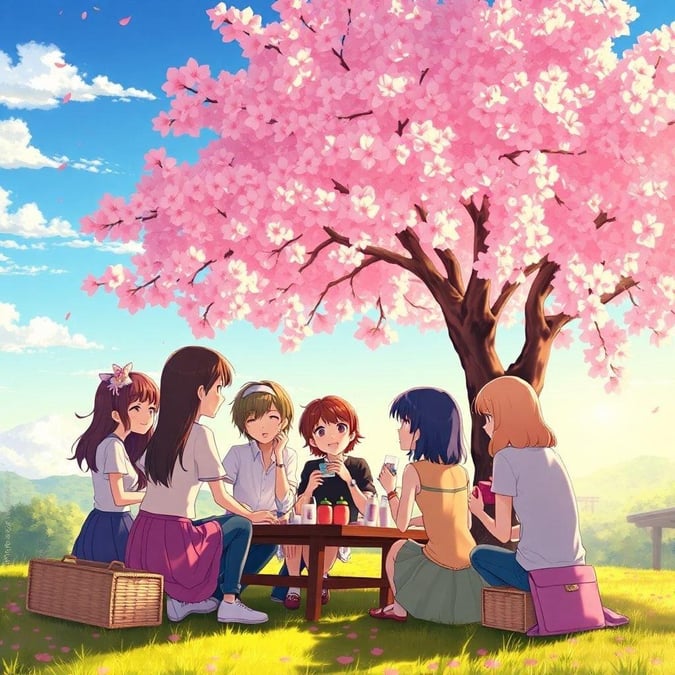 アニメーションされた友達のグループが春の桜の木の下で柔らかいピンクの花の下でピクニックを共有します。