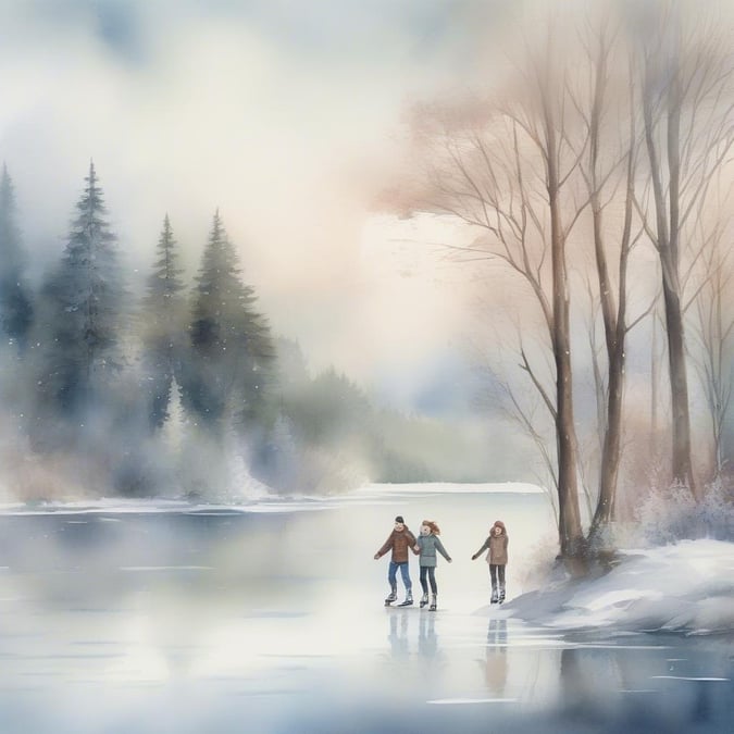 A serene winter scene with three people skating across an icy lake, surrounded by snow-covered trees.