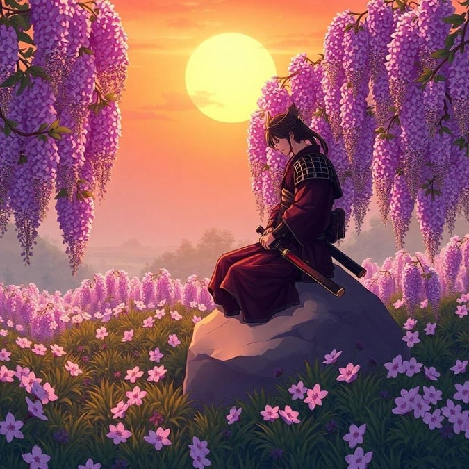 Immerse yourself in the tranquil world of anime with this captivating wallpaper, featuring a samurai in serene contemplation amidst a field of blooming wisteria flowers, set against the warm backdrop of a setting sun.