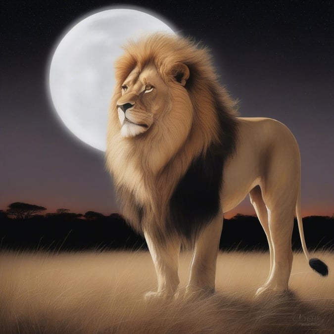 This stunning wallpaper features a majestic lion standing in the moonlight, creating a serene and peaceful atmosphere.