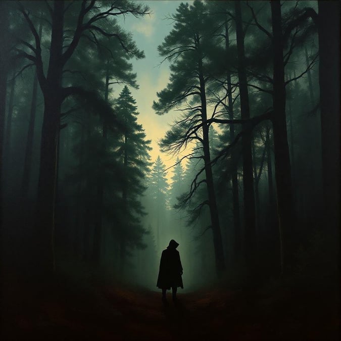 An enchanting scene where a solitary figure embarks on an otherworldly journey through the misty woods, guided by the soft glow of the mysterious lights.