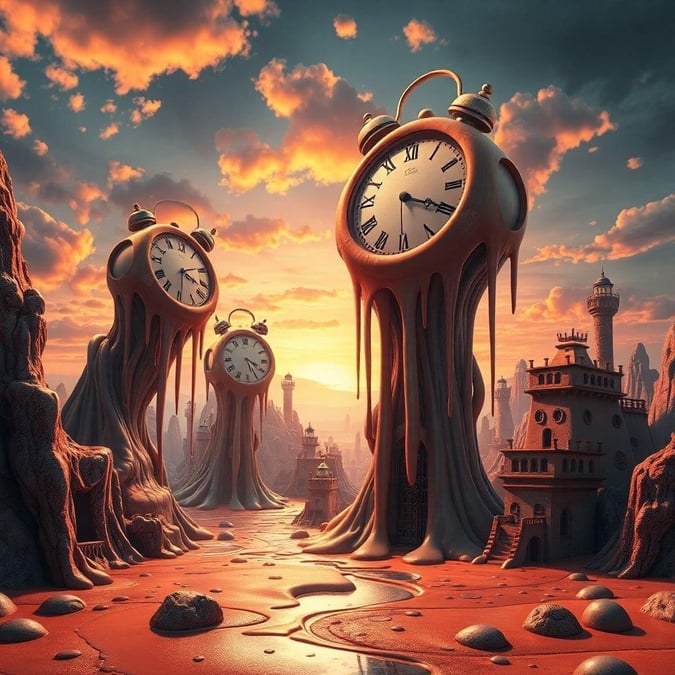 In this surreal landscape, two majestic clock towers are melting into the ground in a fantastical scene. The warm hues of an alien skyline paint the backdrop as these otherworldly structures slowly dissolve.