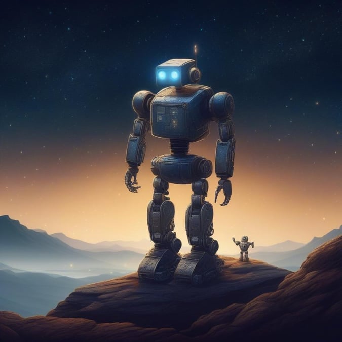 A futuristic robot standing on a rocky outcropping at sunrise, with a vast desert landscape stretching out behind it.