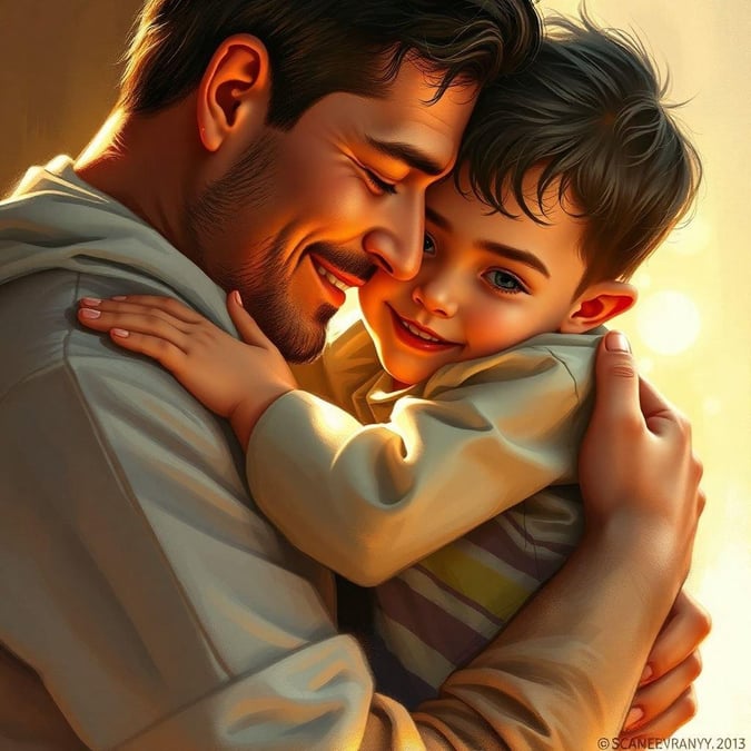 A beautiful digital illustration capturing the love and bond between a father and son on Father's Day.