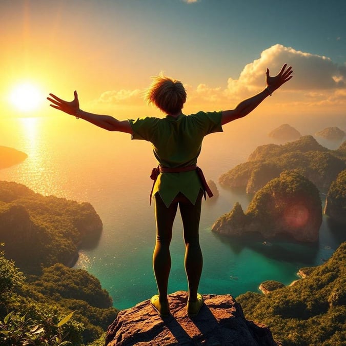 A breathtaking view of a mountainous landscape at sunset, embracing the freedom and wonder of nature. Featuring Peter Pan, the adventurous spirit from Disney's classic film.