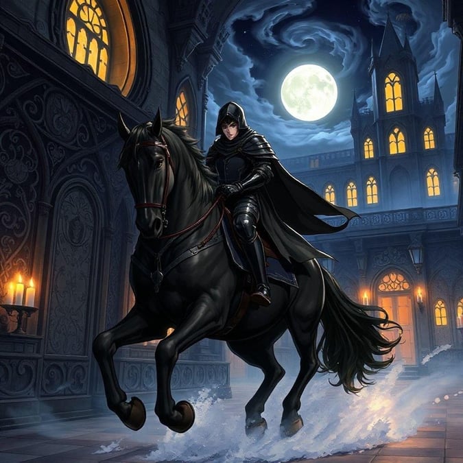 This stunning wallpaper features a dark knight riding a majestic black stallion through a haunted mansion. The knight's attire and the stallion's regal presence evoke a sense of mystery and adventure. The intricate carvings and patterns on the mansion's walls and windows add to the overall sense of grandeur and intrigue.