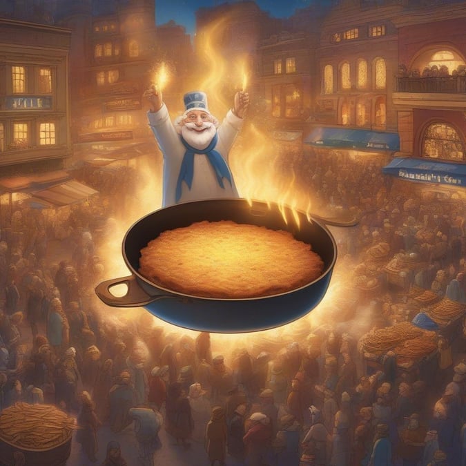 Celebrate the festive spirit of Hanukkah with this delightful wallpaper featuring everyone's favorite character, Santa Claus, in a whimsical culinary adventure. He lights his magic lamp and conjures up a giant cookie to share with all the children. The joyous scene is set against the backdrop of a bustling street fair, filled with people enjoying the nighttime festivities.