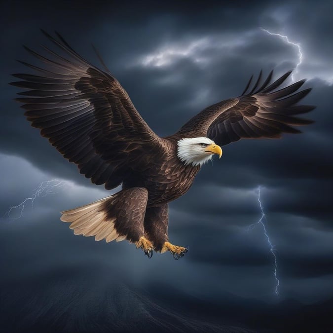 A powerful bird soaring above the storm clouds, embodying freedom and resilience.