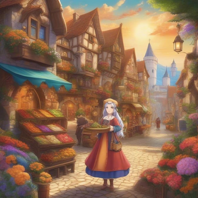 Step into a world of wonder with this anime medieval town wallpaper, where vibrant spices and colorful flowers create a magical atmosphere.