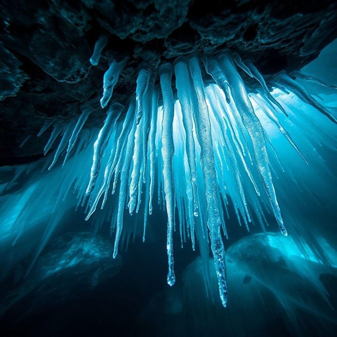 A captivating scene from the heart of an ice cave, where icy stalactites drip down into a clear underwater realm.