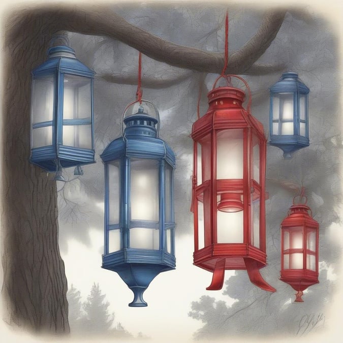 This digital illustration captures the festive spirit of Independence Day with its array of traditional red, white, and blue lanterns. Perfect for desktop or mobile backgrounds to celebrate the holiday.