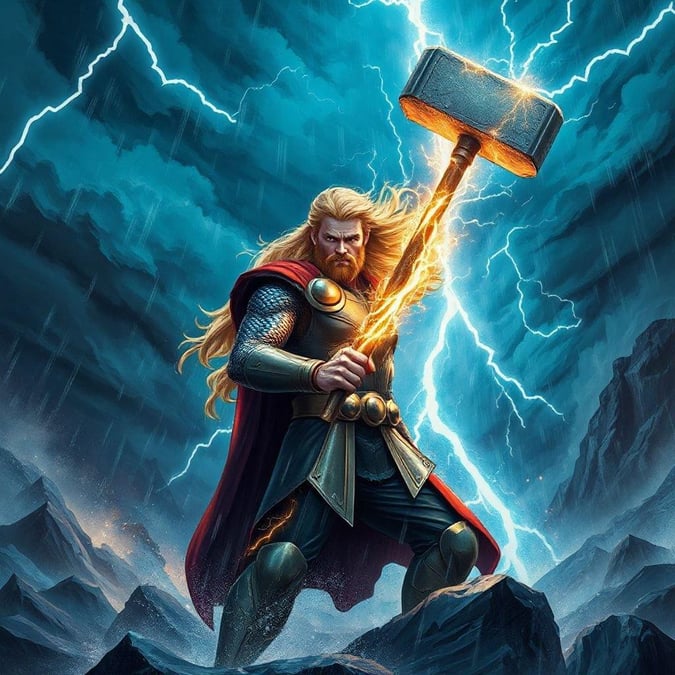 The legendary hero Thor wielding his mighty hammer Mjolnir, ready to unleash the power of a storm against his foes.