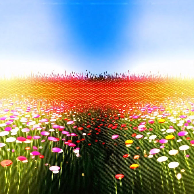 A beautiful scene of nature, showcasing a vast field blooming with flowers of various colors against the backdrop of a clear sky.