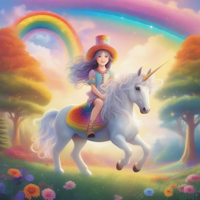 A young girl joyfully rides on the back of a magnificent unicorn adorned with a rainbow mane. She is wearing a matching rainbow hat, creating a colorful and magical scene against a dreamlike landscape. The background features tall trees under a bright sky with a beautiful rainbow arching behind her.