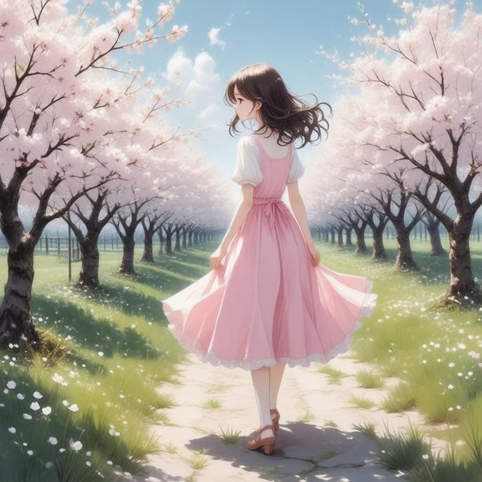 Entre em um mundo de anime sereno com uma jovem garota passeando por um campo de cerejeiras, seu vestido rosa e saia branca são uma combinação perfeita para as flores em flor.