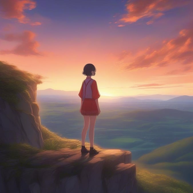 A serene and peaceful anime girl takes in the beauty of a stunning sunset, surrounded by nature's splendor.