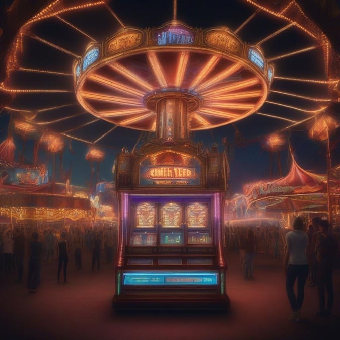 The vibrant atmosphere of the carnival at night with the Ferris wheel glowing in the center, surrounded by excited people enjoying the festivities.