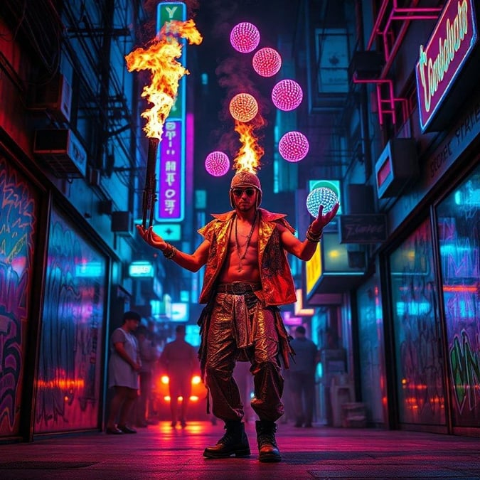 A futuristic cyberpunk night scene on a bustling city street. The neon lights reflect off the rain-soaked pavement, creating an electrifying atmosphere. In the center of this urban jungle stands a man with fiery torches in each hand, adding to the intensity of the scene.