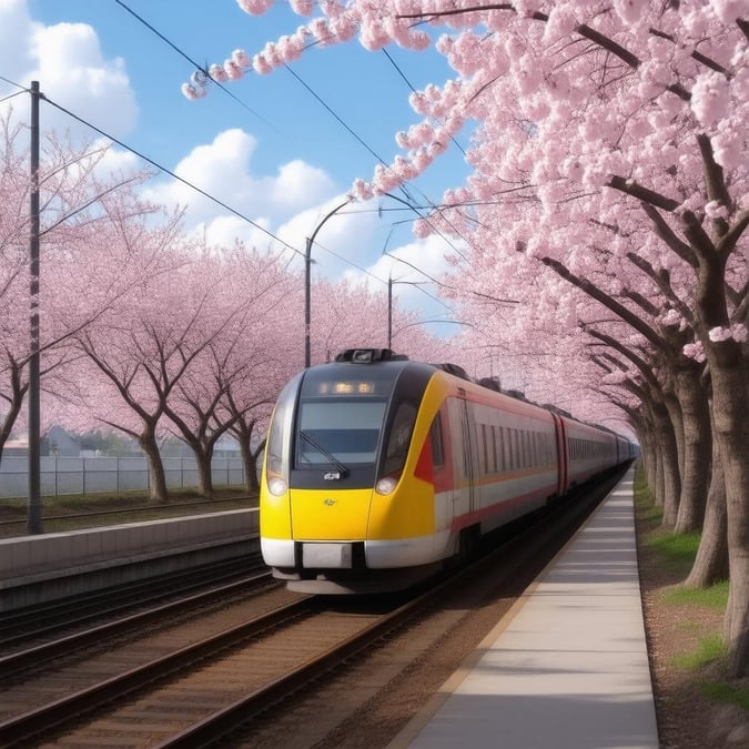 Upplev spänningen av en höghastighetstågresa genom en tunnel av blommande körsbärsträd. Den ljusgula tåget med ett rött och vitt tåg på ryggen rusar genom tunneln, omgiven av de livfulla rosa blommorna från körsbärsträden. Den ljusblå himlen ovan är prickad med fluffiga vita moln, vilket bidrar till den lugna och fridfulla atmosfären i scenen.