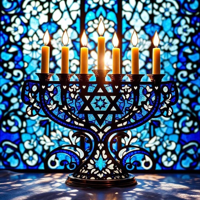 A vibrant blue and gold menorah, lit with white candles, set against a stained glass window backdrop. This image captures the warm glow of the Hanukkah candles in a traditional setting.