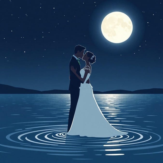 A romantic wedding scene with a couple standing in the water under the moonlight.