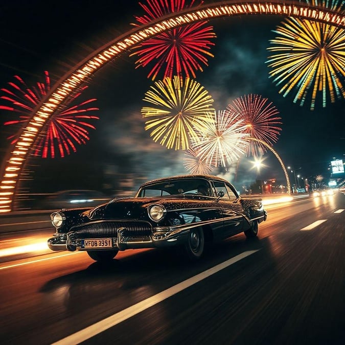 Celebrate the start of the new year with this classic car driving through the night, set against the backdrop of a fireworks display. This vintage vehicle is reminiscent of the golden age of American muscle cars and embodies the spirit of freedom and adventure. Get ready to cruise into the next year in style.