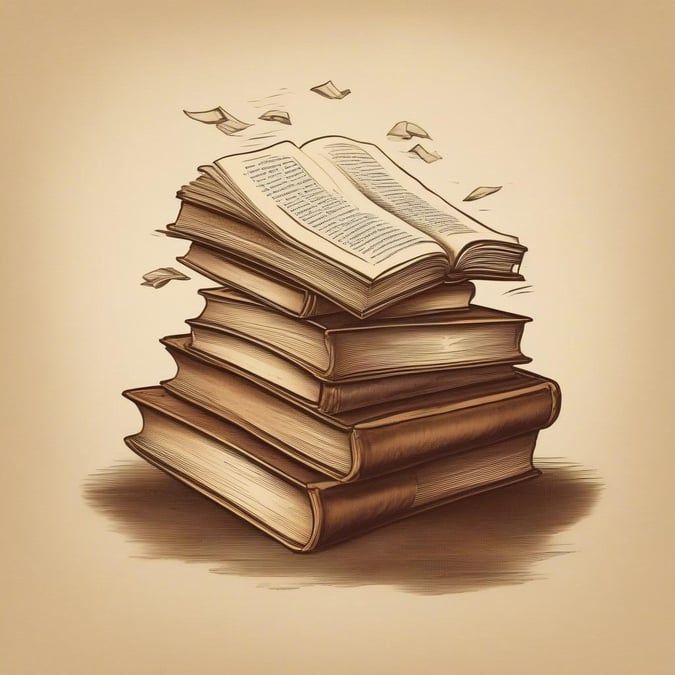 A stack of books, with one book open and pages flying out, representing learning, education, or intellectual pursuits.