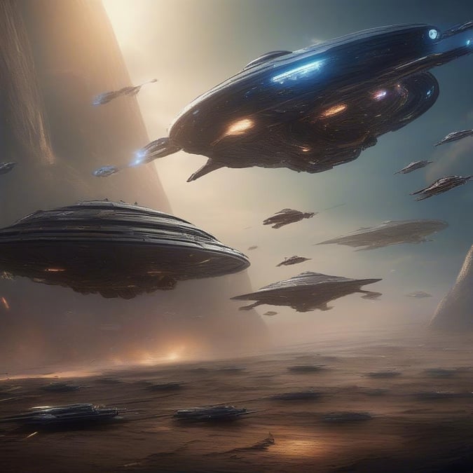 A dramatic scene of spaceships engaged in battle with a distant planet or moon looming. The atmosphere suggests action, adventure, and the unknown.