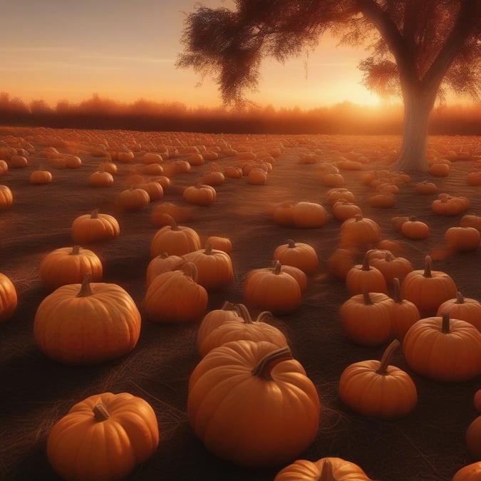 This wallpaper captures the essence of Halloween with a serene pumpkin patch at sunset. The pumpkins are perfectly arranged, and the sky is painted with hues of orange and yellow, creating a warm and inviting atmosphere.