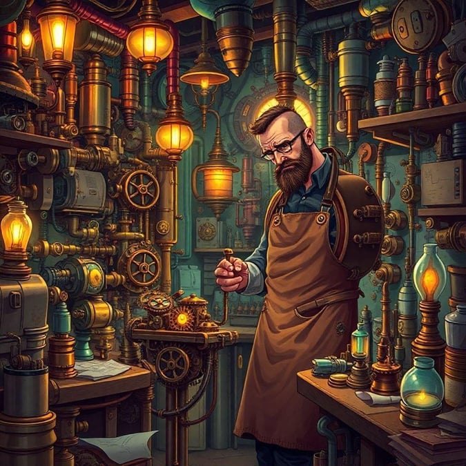 A man with a beard and glasses stands in a room filled with intricate, steampunk-inspired machinery, surrounded by a collection of vintage lamps and other industrial elements, creating a unique and captivating scene that blends functionality with artistic flair.