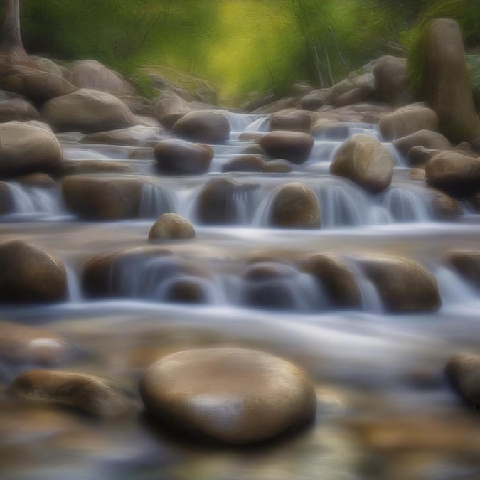 This serene wallpaper features a tranquil river flowing gently over smooth rocks, creating a peaceful atmosphere that's perfect for relaxation.