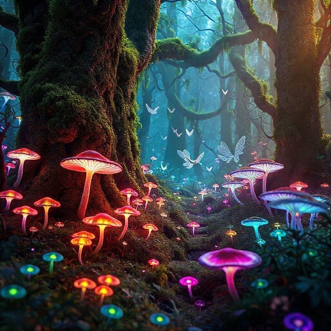 This fantasy forest wallpaper is a stunning 3D art piece that transports you to an enchanting world of wonder and magic. The image features a lush forest with towering trees, glowing mushrooms, and delicate butterflies, creating a sense of awe and curiosity.