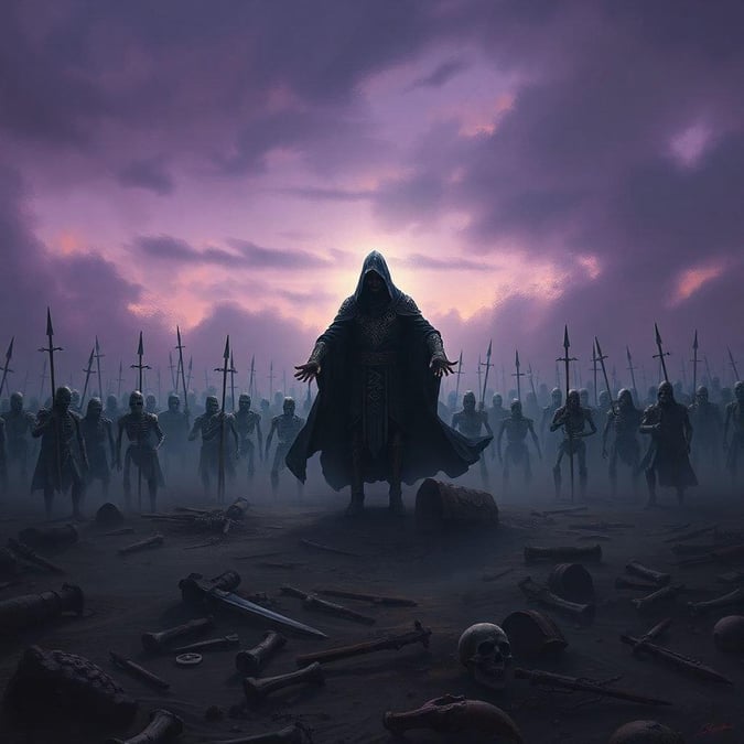 In this fantastical scene, an undead king stands in the midst of his army, commanding their attention. The landscape is a battleground strewn with remnants of past battles. A purple sky overhead suggests it's either dusk or dawn, adding to the otherworldly atmosphere. The soldiers, both human and undead, are poised for action, reflecting the king's command and control over them.