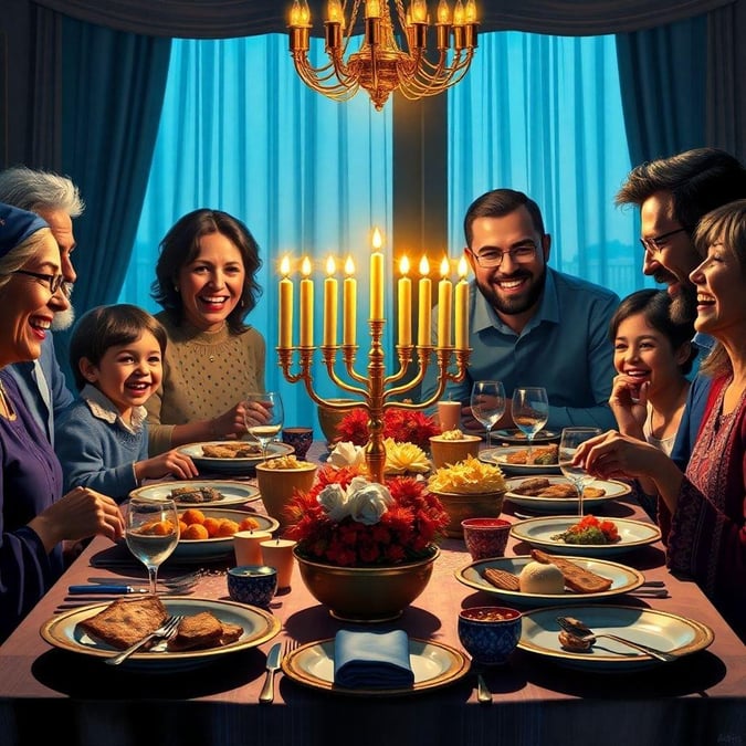 A family celebrating the joyous festival of lights, gathering around the table filled with traditional Hanukkah food and candles.