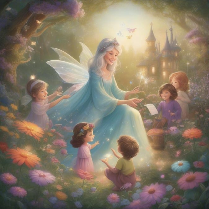 A heartwarming mother-child moment in a fairy tale setting, perfect for celebrating the magic of motherhood on Mother's Day.