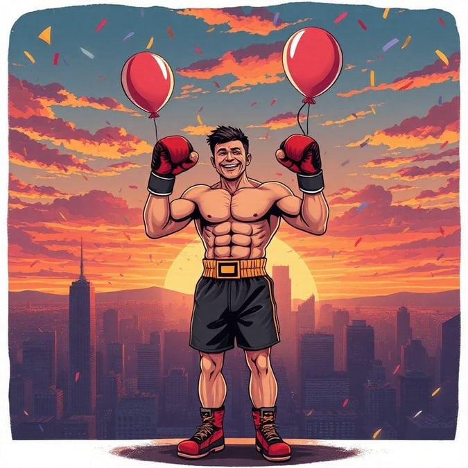 A victorious boxer celebrates with balloons against a sunset skyline.